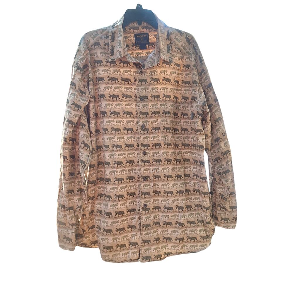 Woolrich Mens XXL Button Up Long Sleeve Moose Cotton Shirt Vtg Brown Green